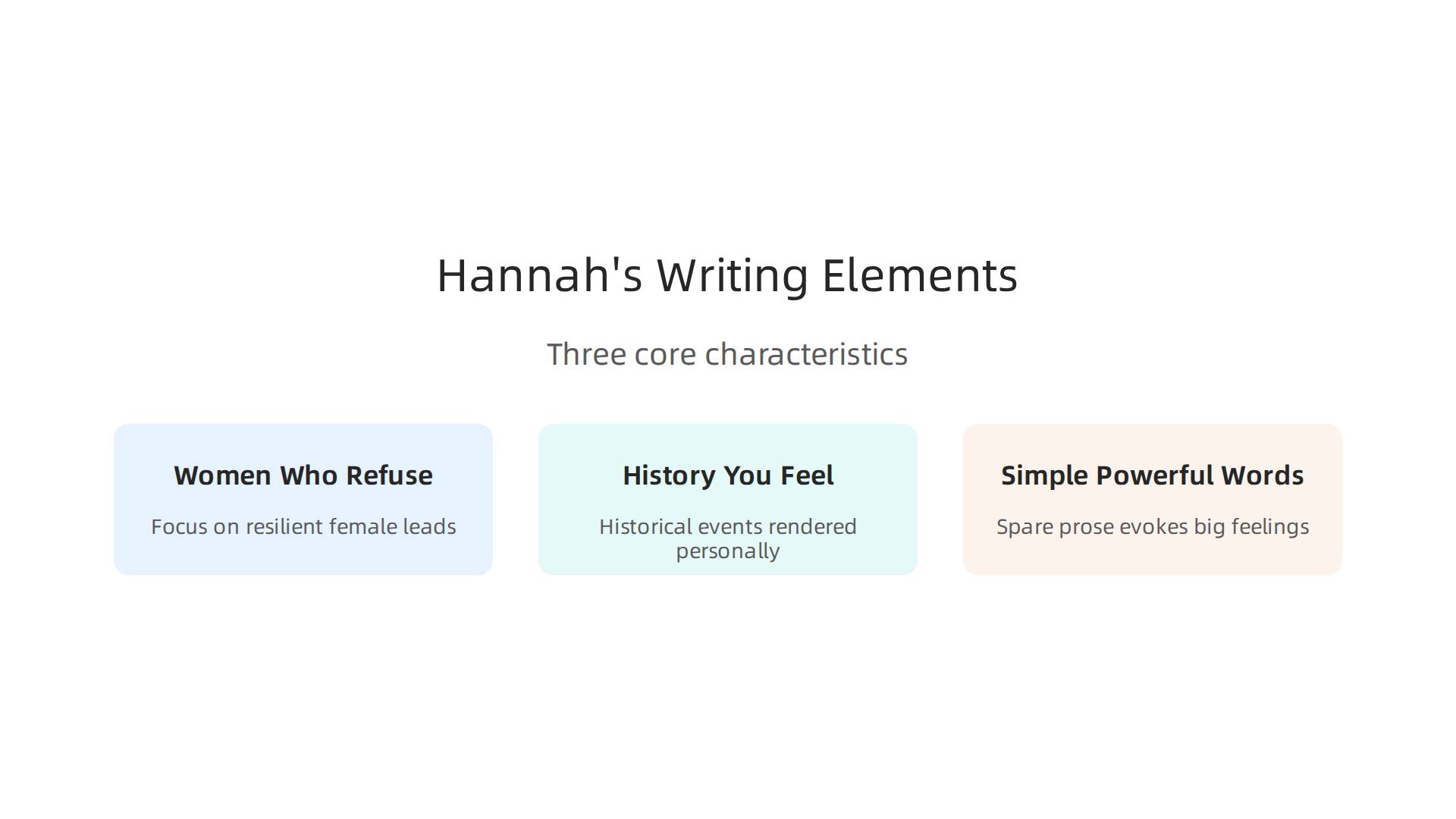 An infographic highlighting the three distinct characteristics that define Kristin Hannah's writing style and themes.