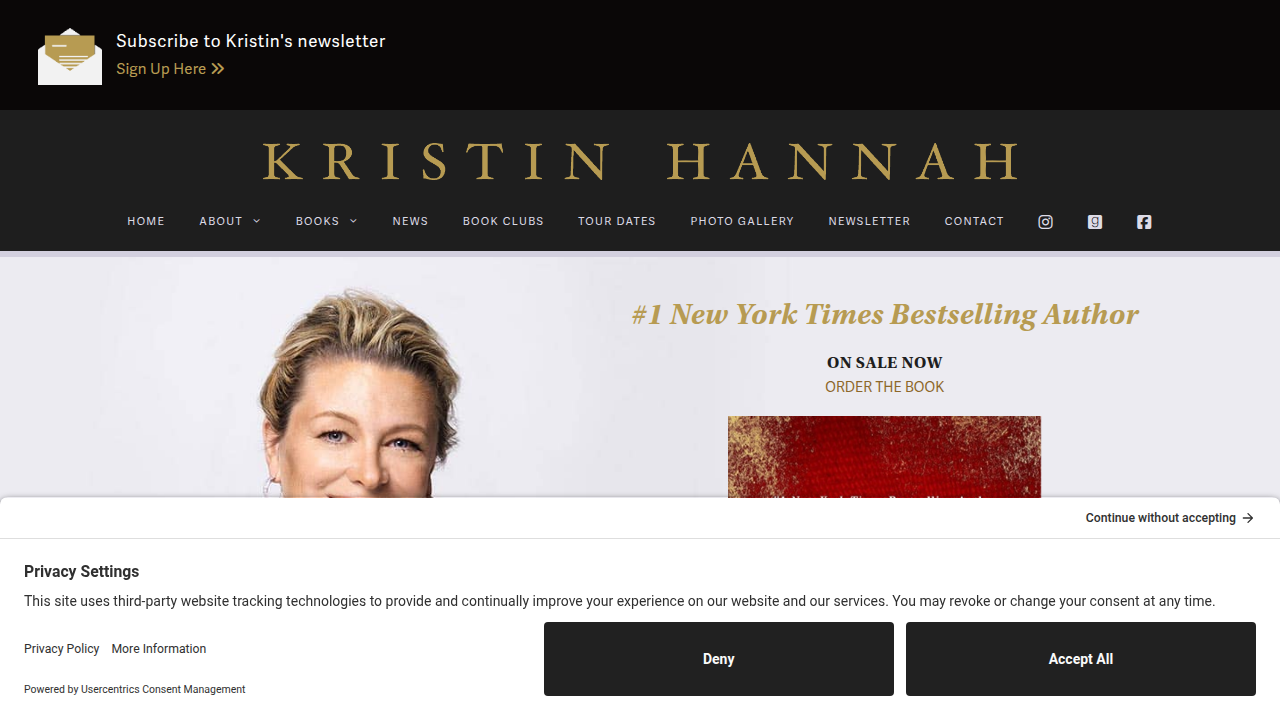 The official website of Kristin Hannah, featuring information on her books, biography, and latest news, showcasing her extensive bibliography.