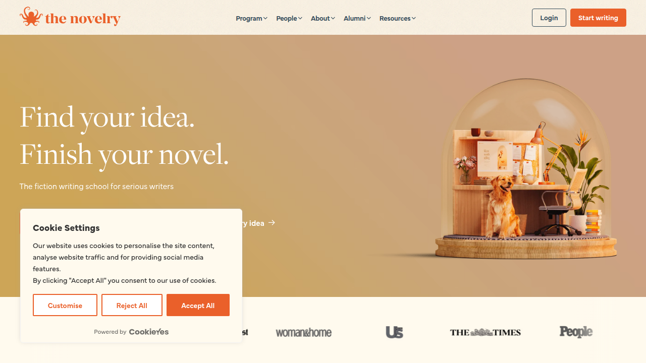 A screenshot of The Novelry's website, an online writing school where Kristin Hannah shared insights into her dedicated writing process.