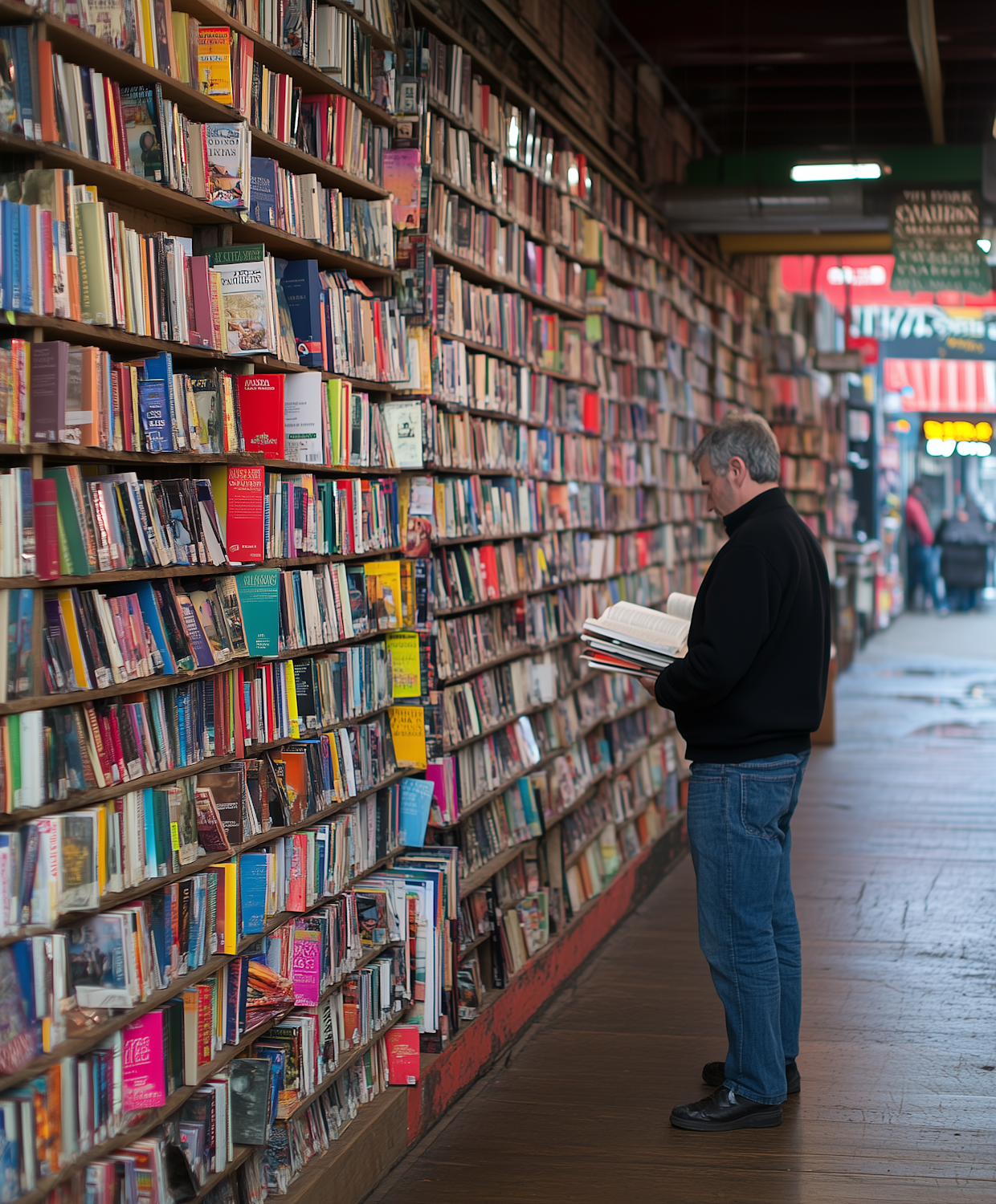 A person surrounded by many books, looking slightly overwhelmed but also curious, symbolizing the challenge of finding new reads.