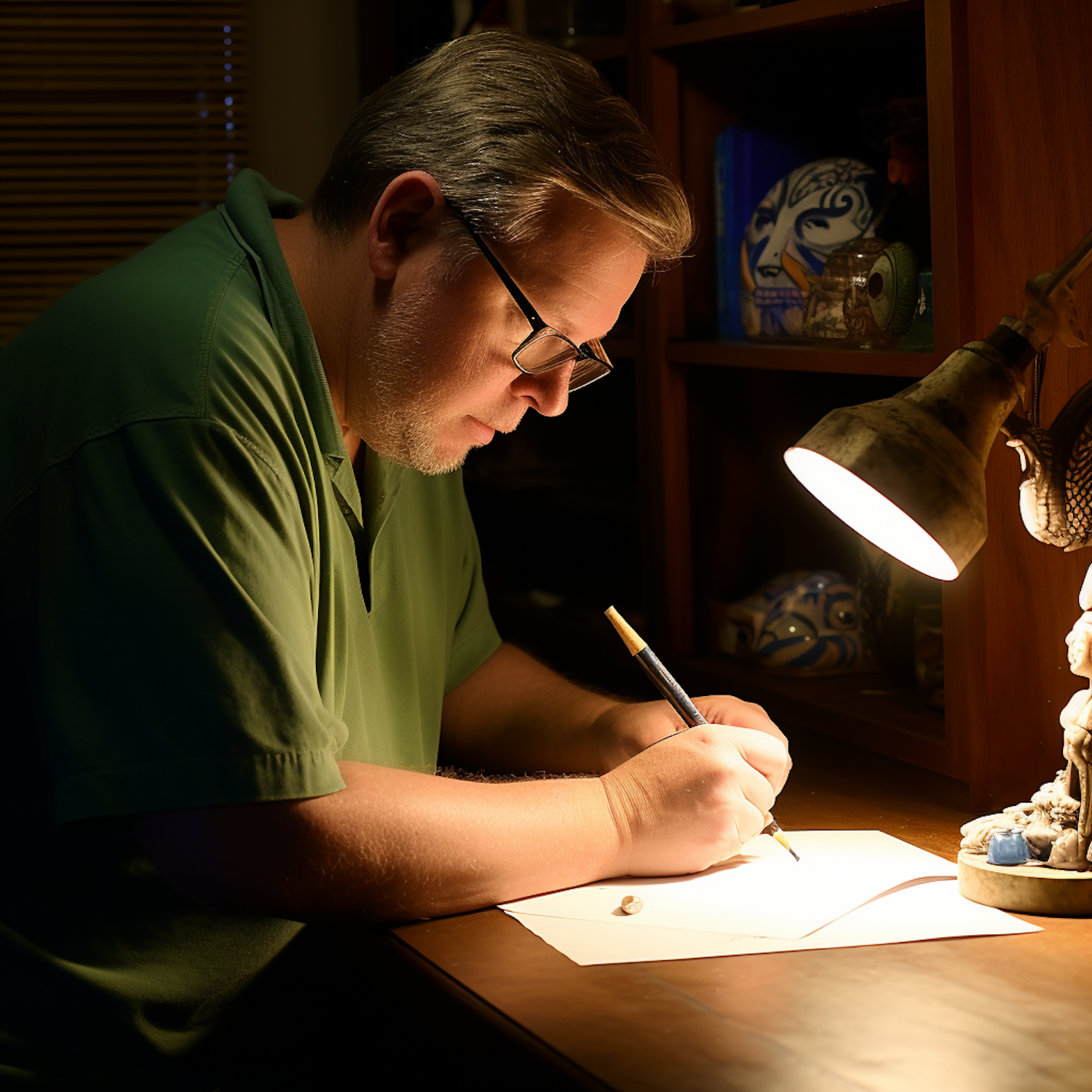 An author at a desk, looking thoughtfully at a manuscript or screen, surrounded by creative inspiration, embodying the experimentation in short stories.