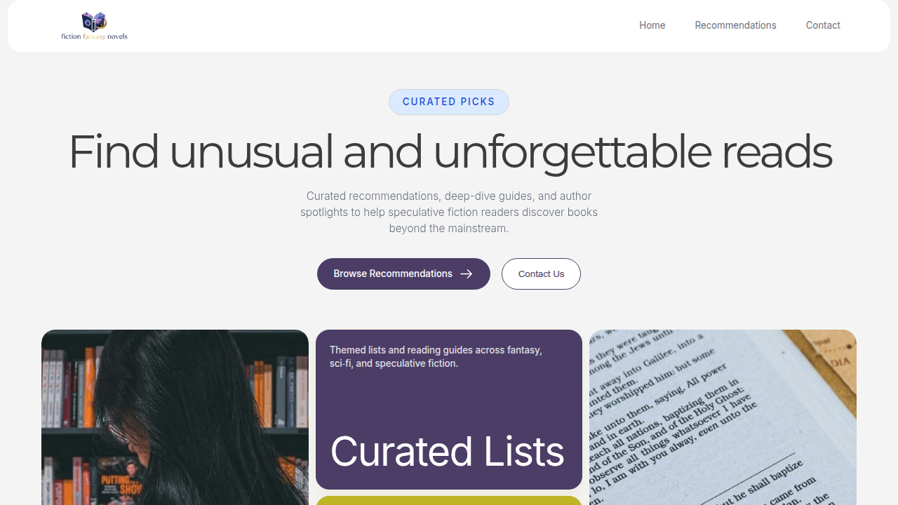 The homepage of Fiction Fantasy Novels, where readers can find curated recommendations for fantasy, sci-fi, and speculative fiction.