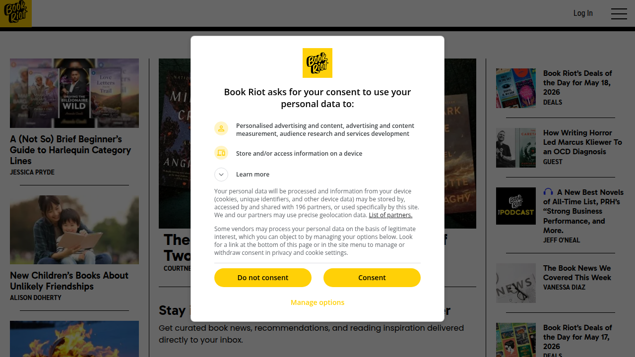 The Book Riot homepage, a resource for discovering new releases and curated lists in various genres, including speculative fiction.