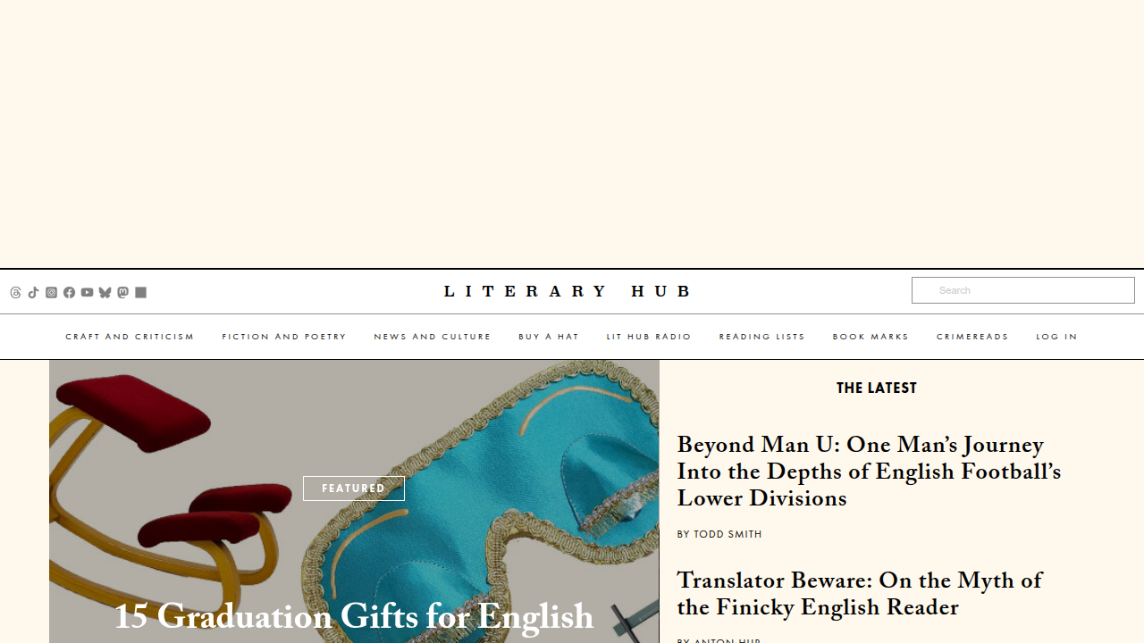 The Lithub homepage, showcasing articles and lists on literary topics, including multi-perspective novels and short story collections.
