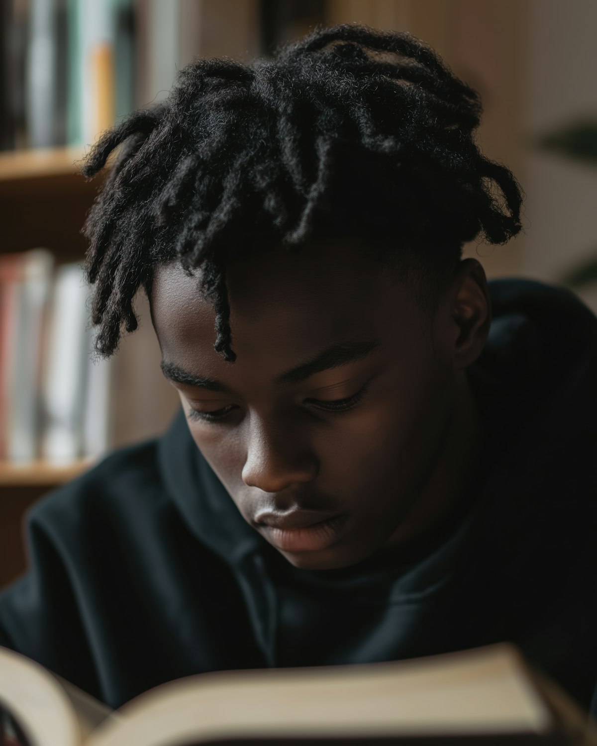 A young boy, symbolizing Ken Follett, engrossed in a book, illustrating his early passion for stories that shaped his future.