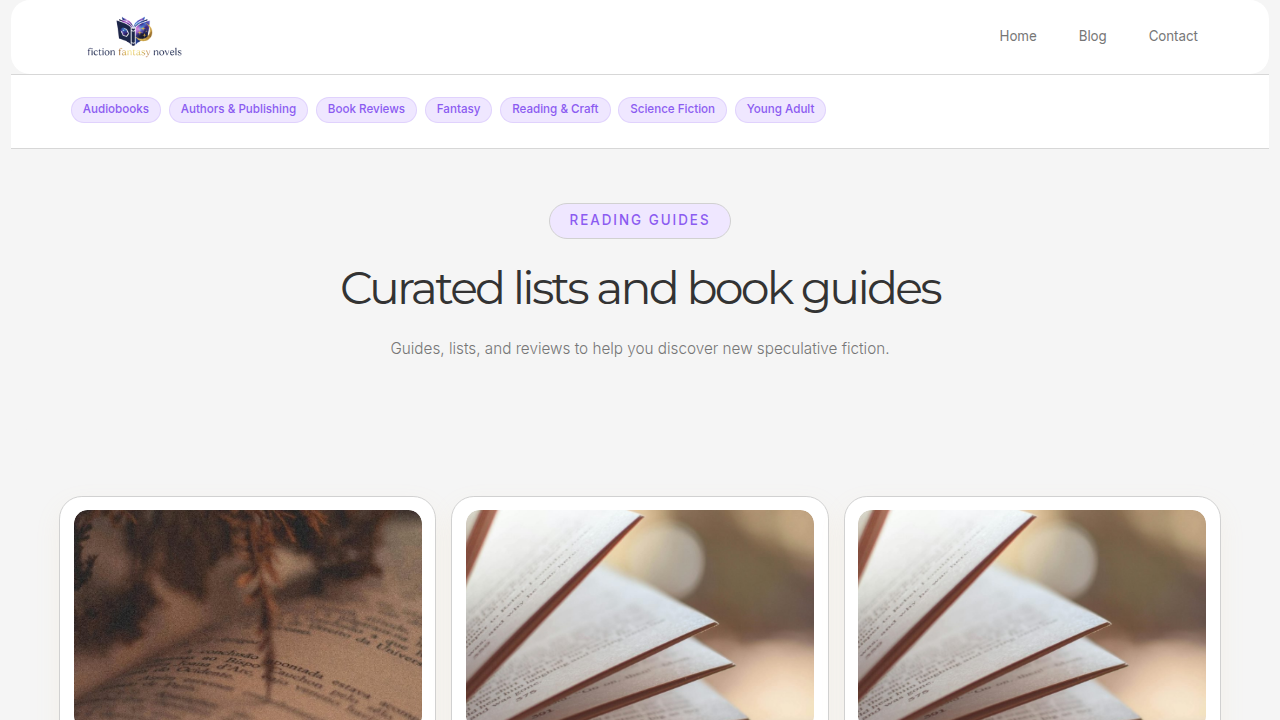A screenshot of the Fiction Fantasy Novels blog homepage, offering curated recommendations for fantasy and speculative fiction titles.