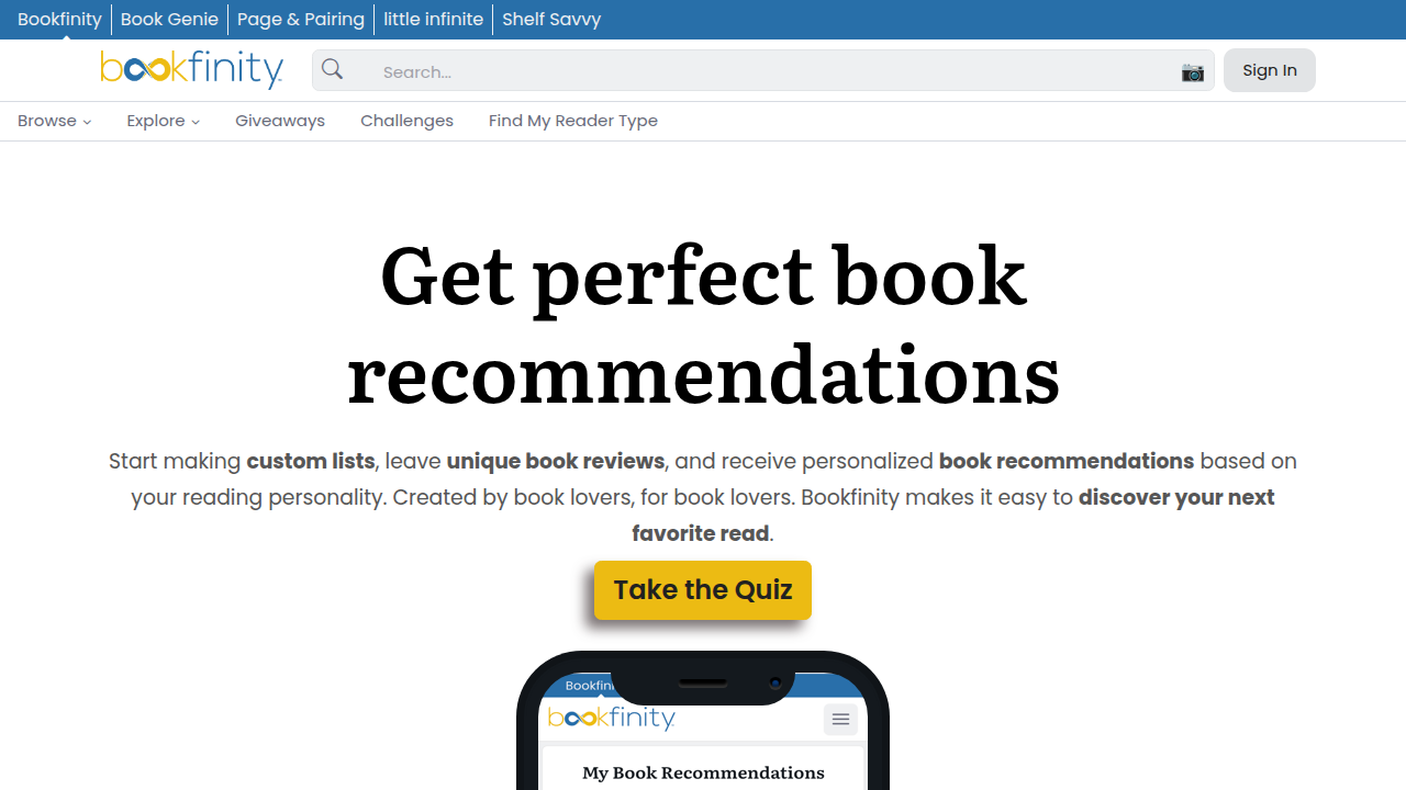 A screenshot of the Bookfinity website, a personalized tool that offers book recommendations based on individual reading personalities and preferences.