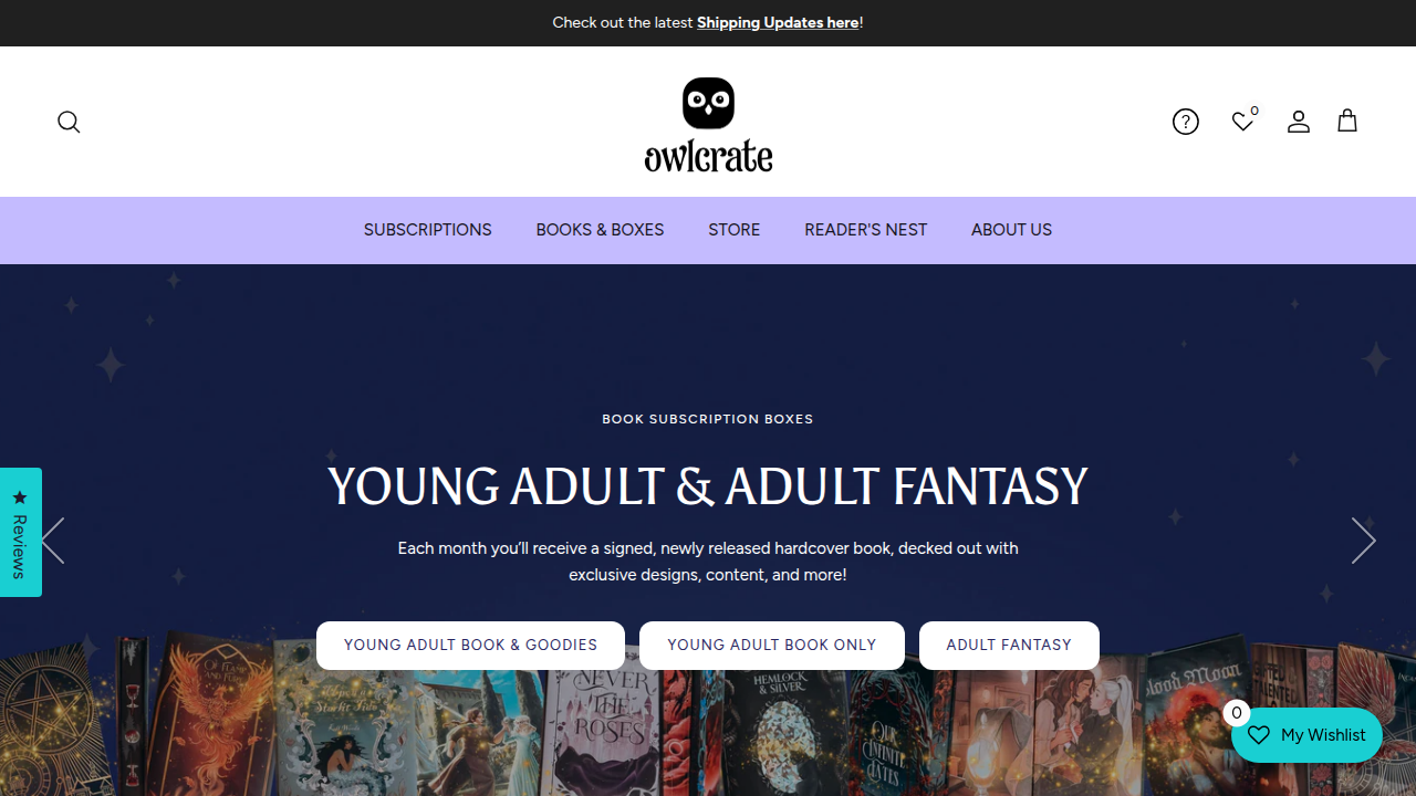 A screenshot of the OwlCrate website, a popular book subscription service offering curated monthly boxes, often featuring young adult fantasy titles.