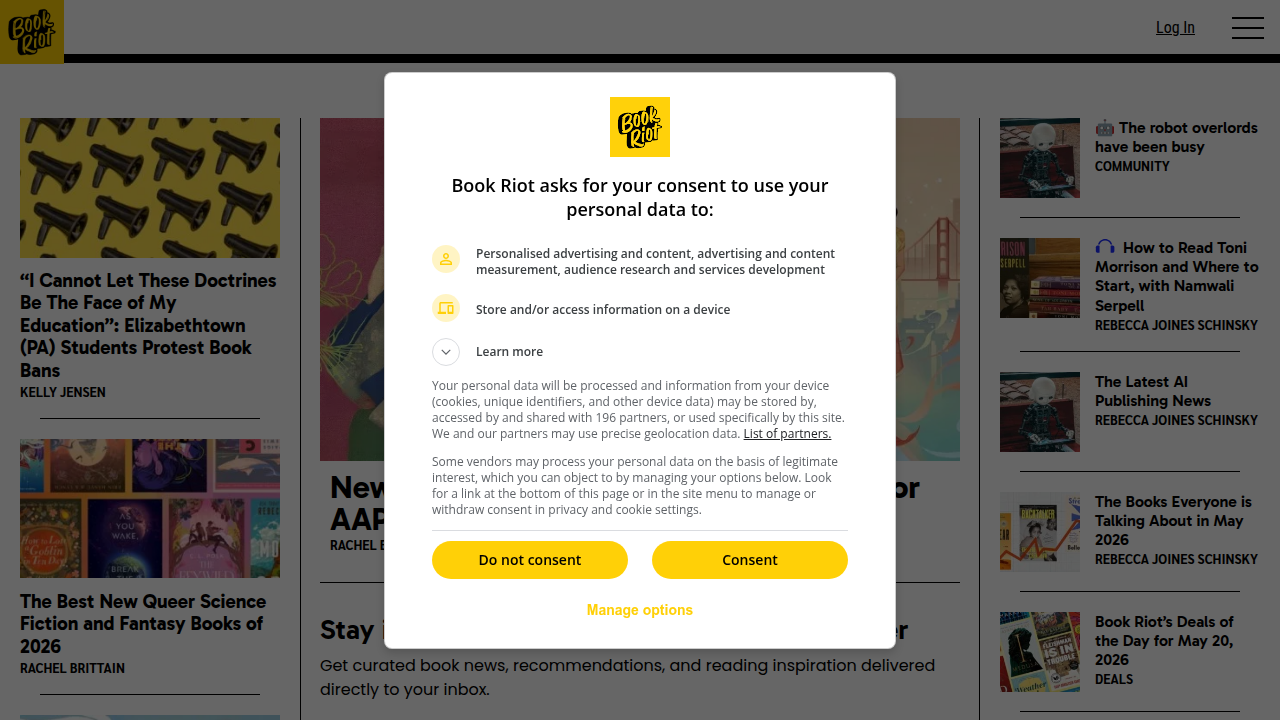 A screenshot of the Book Riot homepage, a popular online platform known for its comprehensive coverage and lists of anticipated and trending books, including YA fantasy.