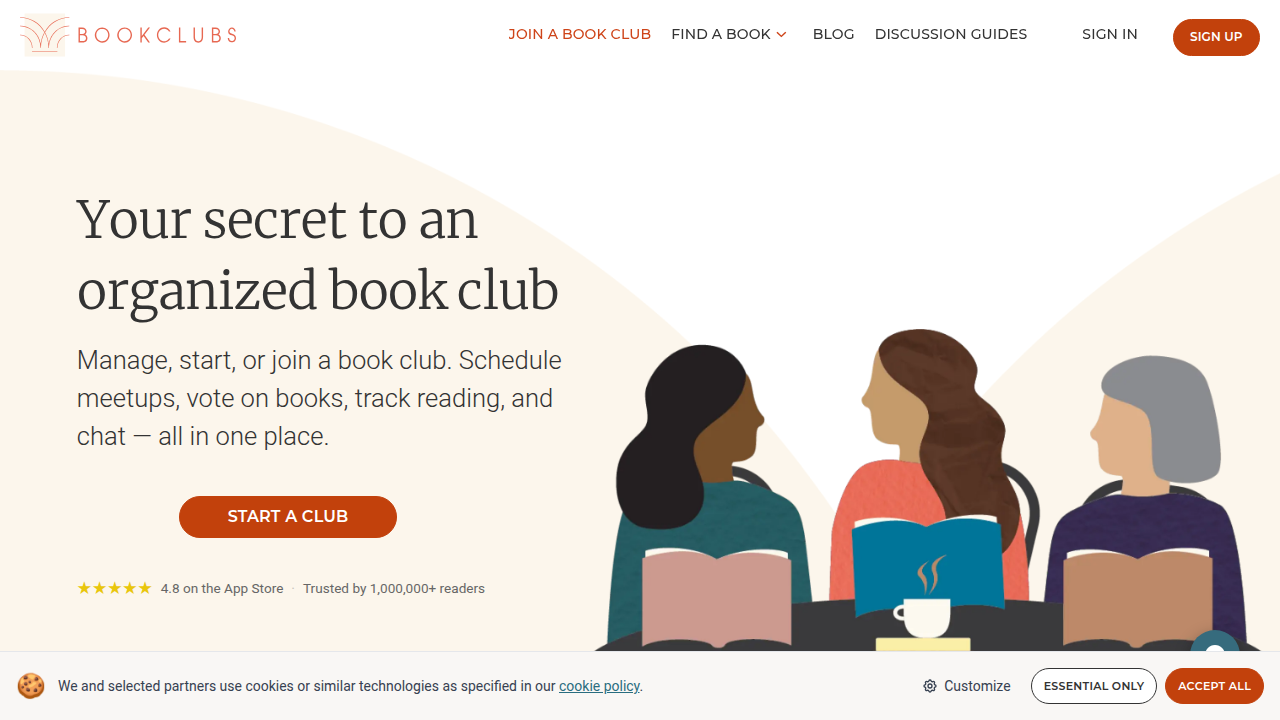 Homepage of Bookclubs.com, a platform for managing book clubs and finding discussion guides.