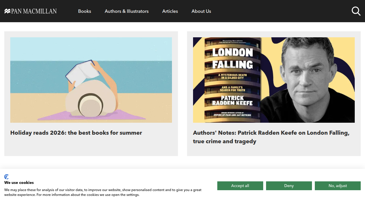 The homepage of Pan Macmillan, a publishing house showcasing their book catalog and guides.