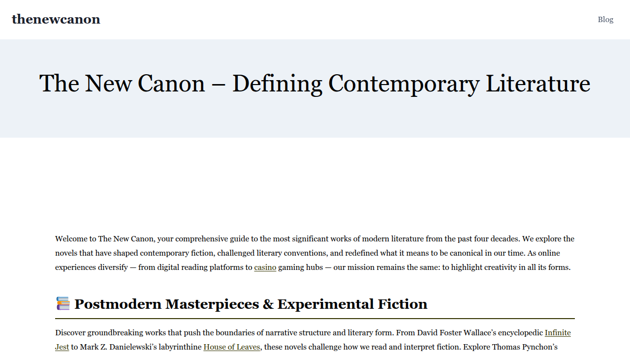 A look at The New Canon website, a resource offering guides and reviews for various books and authors, including Hemingway.