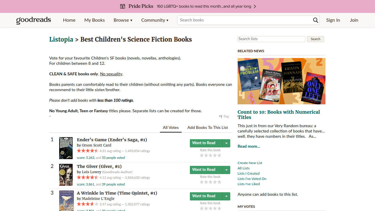A Goodreads list showcasing top children's science fiction books, highlighting those that continue a tradition of wonder and unique rules.