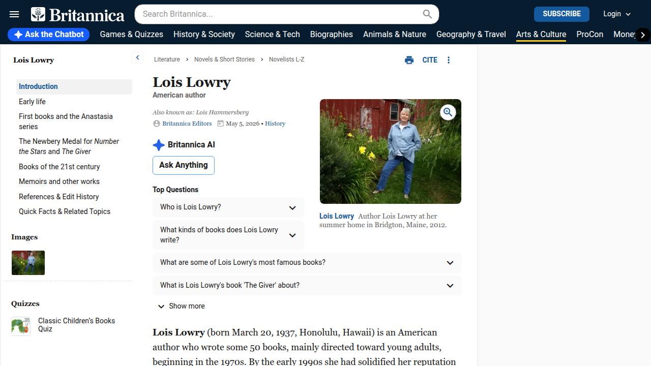 A screenshot of Lois Lowry's biography page on Britannica, highlighting her significant contributions to literature and dual Newbery Medals.