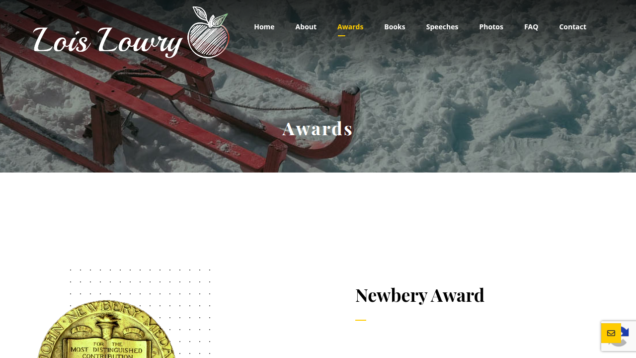 A screenshot of Lois Lowry's official website page dedicated to her numerous literary awards, including the Newbery Medals.