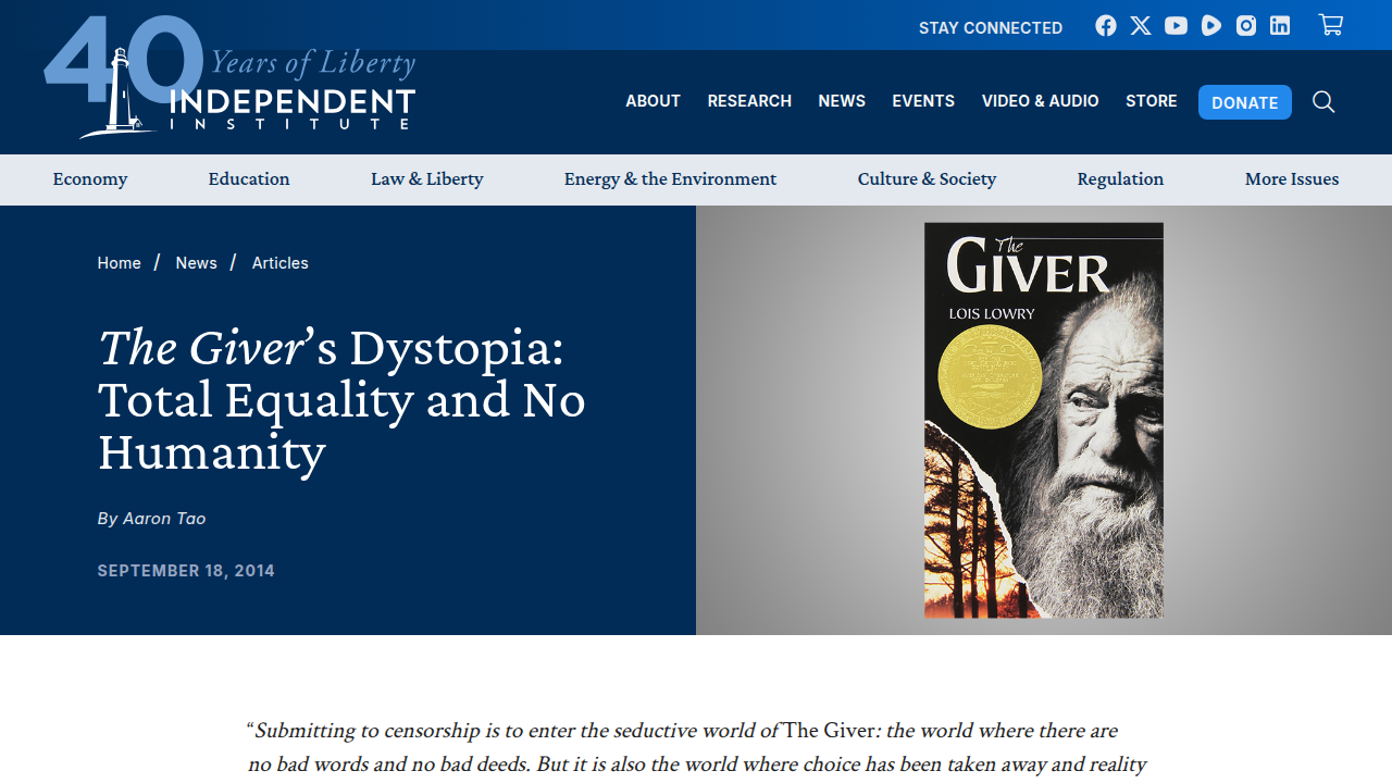 A screenshot of The Independent article discussing the dystopian themes of 'The Giver,' specifically its portrayal of total equality and lost humanity.