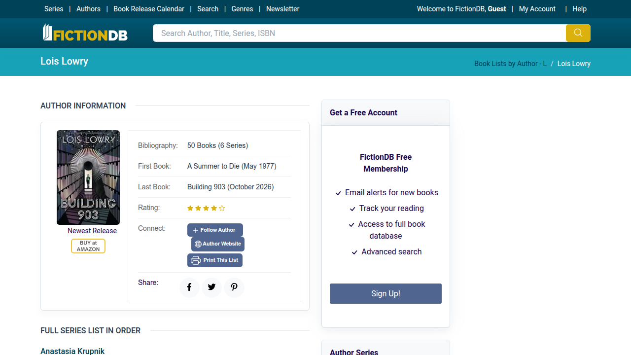 A screenshot of Lois Lowry's comprehensive bibliography from FictionDB, illustrating the vast range and quantity of her published works.