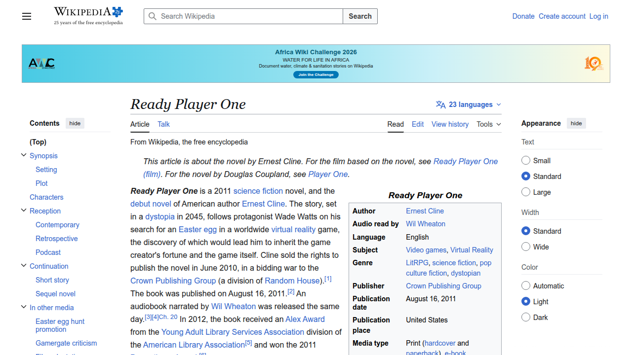 Access the comprehensive Wikipedia entry for "Ready Player One" to understand its virtual world.
