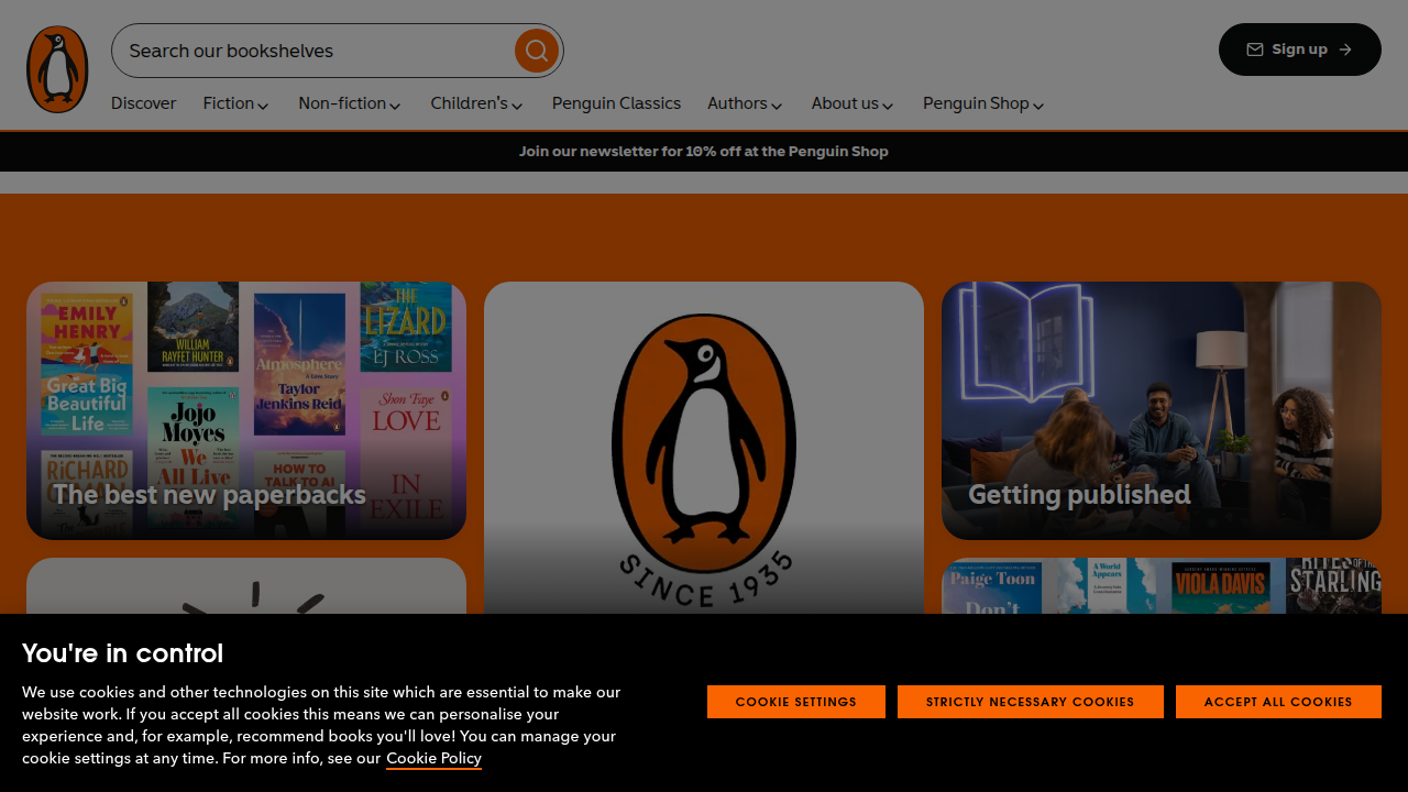 Screenshot of the Penguin Books UK homepage, a major publisher of classic literature including 'Wuthering Heights'.