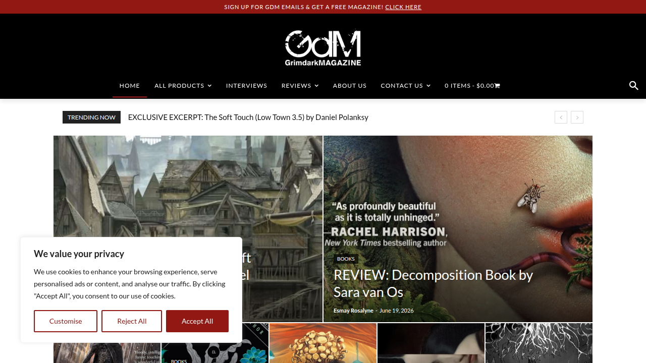 Grimdark Magazine serves as a dedicated platform for fans of dark and gritty fantasy, offering reviews, interviews, and reading guides.